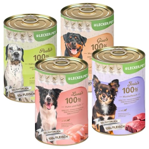 Lecker.Pet® | 24 x 400 g Lecker.Pet® Gino's, Josie's, Luna's & Paula's 100% Fleisch & Gemüse Hundefutter Nassfutter Mix - je Sorte 6 Dosen | Natürlich & ohne Zusatzstoffe | Reich an Proteinen von Lyra Pet