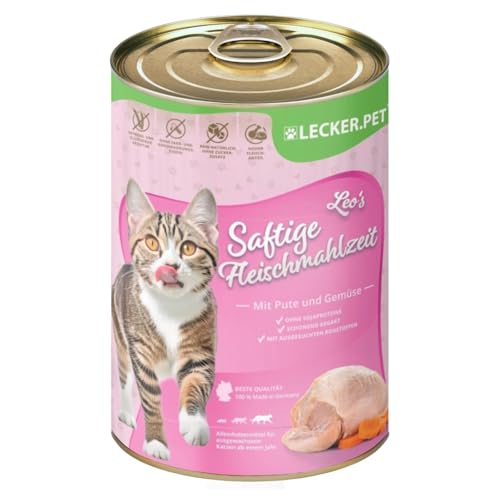 Lecker.Pet® | 24 x 400 g Leo's Saftige Fleischmahlzeit mit Pute & Gemüse Katzen Nassfutter | Hochwertiges Katzenfutter | Glutenfreie Vollnahrung ohne Zuckerzusatz | Reich an Proteinen & Vitaminen von Lyra Pet