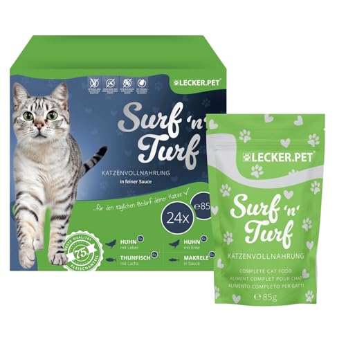 Lecker.Pet® 24 x 85 g Surf'n'Turf Pouches Katzenfutter in feiner Sauce - 4 Sorten Multipack | Hochwertiges Nassfutter für Katzen | Reich an Proteinen & Mineralien | Getreidefrei & glutenfrei von Lyra Pet