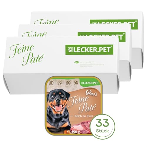 Lecker.Pet® | 33 x 150 g Gino's Feine Paté Reich an Rind Hunde Nassfutter | Hochwertiges Hundefutter | Natürlich & ohne Zuckerzusätze | Reich an Proteinen & Mineralien | Getreidefrei & Glutenfrei von Lyra Pet