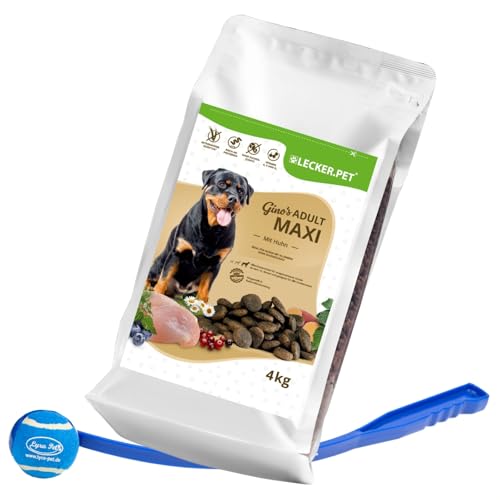 Lecker.Pet® | 4 kg Gino's Adult mit Huhn Hunde Trockenfutter Vollnahrung + Ballschleuder | Glutenfreies Hundefutter | Trockenvollnahrung für Erwachsene Hunde | Nährstoffreiche Proteinquelle von Lyra Pet