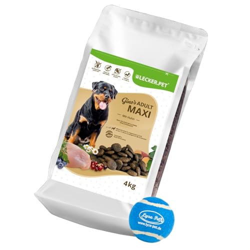 Lecker.Pet® | 4 kg Gino's Adult mit Huhn Hunde Trockenfutter Vollnahrung + Tennis Ball | Glutenfreies Hundefutter mit Geflügel | Trockenvollnahrung für erwachsene Hunde | Nährstoffreiche Proteinquelle von Lyra Pet