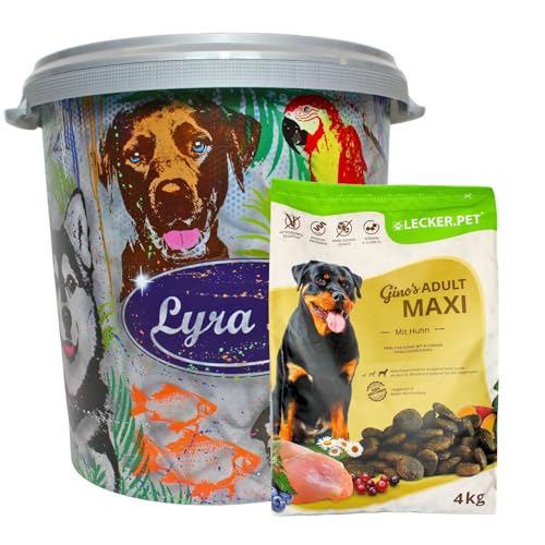 Lecker.Pet® | 4 kg Gino's Adult mit Huhn Hunde Trockenfutter Vollnahrung in 30 L Tonne | Glutenfreies Hundefutter mit Geflügel | Trockenvollnahrung für erwachsene Hunde | Nährstoffreiche Proteinquelle von Lyra Pet