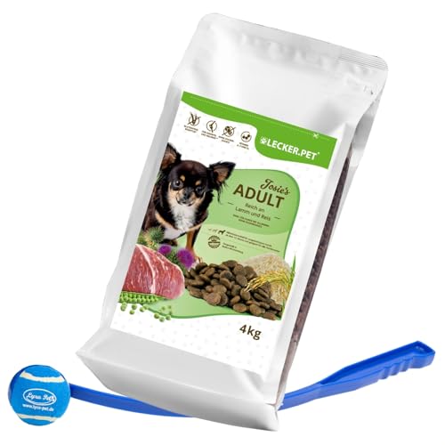 Lecker.Pet® | 4 kg Josie's Adult Lamm & Reis Hunde Trockenfutter Vollnahrung + Ballschleuder | Glutenfreies Hundefutter | Trockenvollnahrung für Erwachsene Hunde | Nährstoffreiche Proteinquelle von Lyra Pet