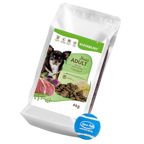 Lecker.Pet® | 4 kg Josie's Adult Lamm & Reis Hunde Trockenfutter Vollnahrung + Tennis Ball | Glutenfreies Hundefutter | Trockenvollnahrung für Erwachsene Hunde | Nährstoffreiche Proteinquelle von Lyra Pet