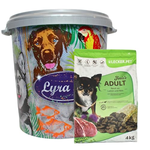 Lecker.Pet® | 4 kg Josie's Adult Lamm & Reis Hunde Trockenfutter Vollnahrung in 30 L Tonne | Glutenfreies Hundefutter | Trockenvollnahrung für Erwachsene Hunde | Nährstoffreiche Proteinquelle von Lyra Pet