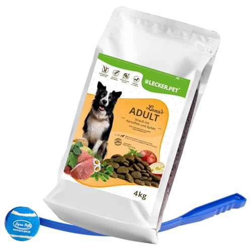 Lecker.Pet® | 4 kg Luna's Strauß mit Kartoffel & Apfel Hunde Trockenfutter Vollnahrung + Ballschleuder | Getreidefreie Trockenvollnahrung | Alleinfutter für Hunde | Nährstoffreiche Proteinquelle von Lyra Pet