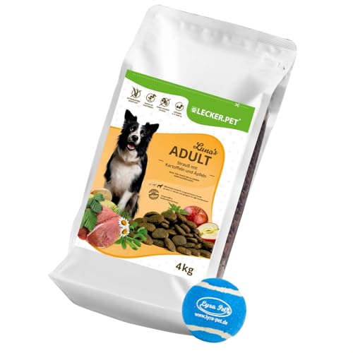 Lecker.Pet® | 4 kg Luna's Strauß mit Kartoffel & Apfel Hunde Trockenfutter Vollnahrung + Tennis Ball | Getreidefreie Trockenvollnahrung | Alleinfutter für Hunde | Nährstoffreiche Proteinquelle von Lyra Pet