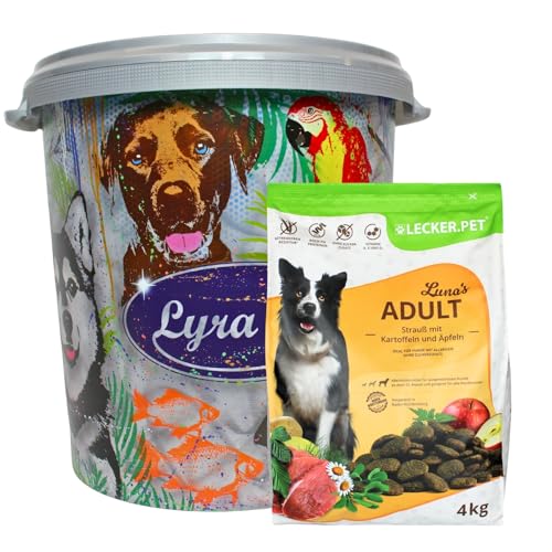 Lecker.Pet® | 4 kg Luna's Strauß mit Kartoffel & Apfel Hunde Trockenfutter Vollnahrung in 30 L Tonne | Getreidefreie Trockenvollnahrung | Alleinfutter für Hunde | Nährstoffreiche Proteinquelle von Lyra Pet