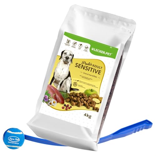 Lecker.Pet® | 4 kg Paula's Adult Sensitive Ente & Kartoffel Hunde Trockenfutter Vollnahrung + Ballschleuder | Getreidefreie Trockenvollnahrung | Nährstoffreiches Alleinfutter für Erwachsene Hunde von Lyra Pet