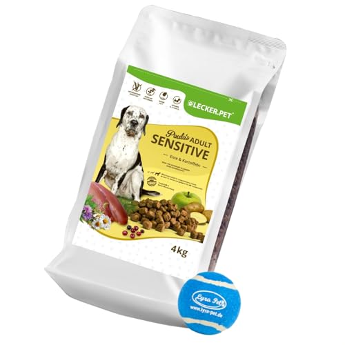 Lecker.Pet® | 4 kg Paula's Adult Sensitive Ente & Kartoffel Hunde Trockenfutter Vollnahrung + Tennis Ball | Getreidefreie Trockenvollnahrung | Nährstoffreiches Alleinfutter für Erwachsene Hunde von Lyra Pet