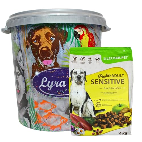 Lecker.Pet® | 4 kg Paula's Adult Sensitive Ente & Kartoffel Hunde Trockenfutter Vollnahrung in 30 L Tonne | Getreidefreie Trockenvollnahrung | Nährstoffreiches Alleinfutter für Erwachsene Hunde von Lyra Pet