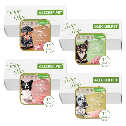 Lecker.Pet® | 44 x 150 g Gino's, Josie's, Luna's & Paula's Feine Paté Hundefutter Nassfutter Mix Vollnahrung | Je Sorte 11 Schalen | Ohne Getreide & Zuckerzusatz | Reich an Proteinen & Nährstoffen von Lyra Pet