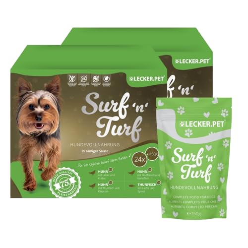 Lecker.Pet® 48 x 150 g Surf'n'Turf Pouches Hundefutter Nassfutter - 4 Sorten Multipack | Hochwertiges Hundenassfutter | Reich an Proteinen & Mineralien | Getreidefrei & ohne künstlichen Zuckerzusatz von Lyra Pet