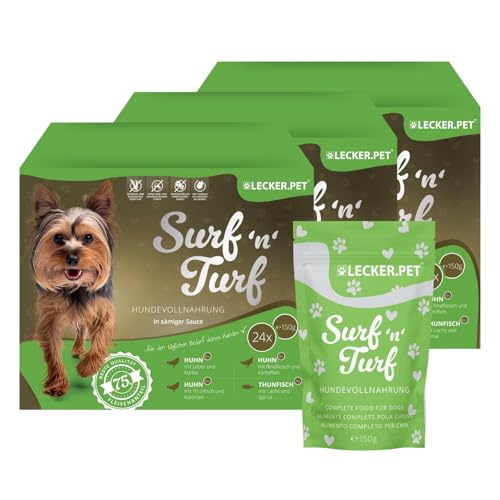 Lecker.Pet® 72 x 150 g Surf'n'Turf Pouches Hundefutter Nassfutter - 4 Sorten Multipack | Hochwertiges Hundenassfutter | Reich an Proteinen & Mineralien | Getreidefrei & ohne künstlichen Zuckerzusatz von Lyra Pet