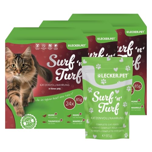 Lecker.Pet® 72 x 85 g Surf'n'Turf Pouches Katzenfutter in feiner Jelly - 4 Sorten Multipack | Hochwertiges Nassfutter in Gelee für Katzen | Reich an Proteinen & Mineralien | Getreidefrei & glutenfrei von Lyra Pet