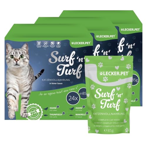 Lecker.Pet® 72 x 85 g Surf'n'Turf Pouches Katzenfutter in feiner Sauce - 4 Sorten Multipack | Hochwertiges Nassfutter für Katzen | Reich an Proteinen & Mineralien | Getreidefrei & glutenfrei von Lyra Pet