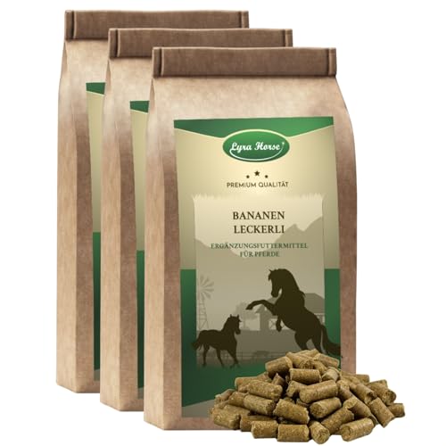 Lyra Horse® | 15 kg Bananen Leckerli Pferdefutter | Snacks aus Hafer, Weizen & Bananenchips | Ausgewogene Nährstoffquelle | Vitaminreiche Leckerlis für alle Pferde | Reich an Ballaststoffen & Kalzium von Lyra Pet