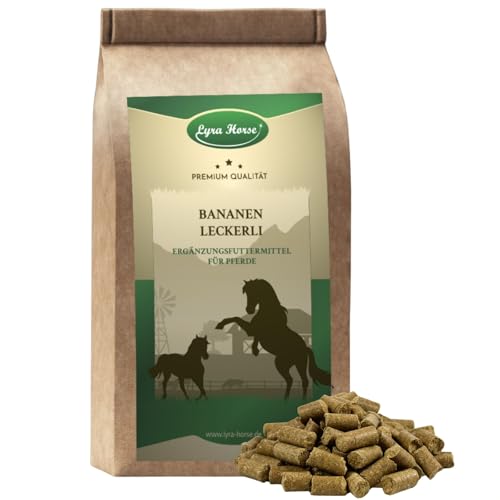 Lyra Horse® | 5 kg Bananen Leckerli Pferdefutter | Snacks aus Hafer, Weizen & Bananenchips | Ausgewogene Nährstoffquelle | Vitaminreiche Leckerlis für alle Pferde | Reich an Ballaststoffen & Kalzium von Lyra Pet