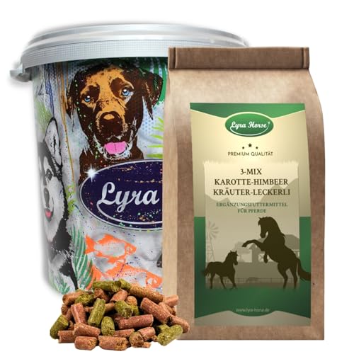 Lyra Horse® | 5 kg Karotte-Himbeer-Kräuter Leckerli Pferdefutter in 30 L Tonne | Fruchtige Snacks für Pferde | Ausgewogene Nährstoffquelle | Vitaminreiche Belohnung | Reich an Ballaststoffen & Calcium von Lyra Pet