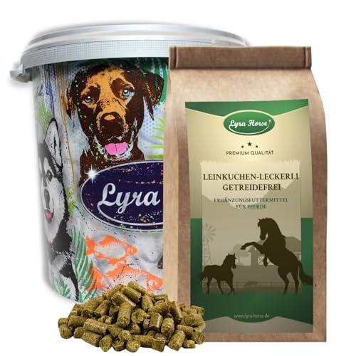 Lyra Horse® | 5 kg Leinkuchen Leckerli getreidefrei Pferdefutter in 30 L Tonne | Snacks aus Sonnenblumenfasern & Leinkuchen | Ausgewogene Nährstoffquelle | Leckerlis für alle Pferde von Lyra Pet