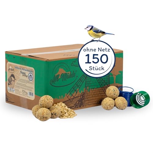 Lyra Pet® | 150 Meisenknödel aus der ALB-MÜHLE Vollkorn & Nuss ohne Netz + 2 Spender | Ganzjähriges Vogelfutter | Energielieferant für Wildvögel | Mineralstoffreiches Fettfutter mit Erdnüssen von Lyra Pet