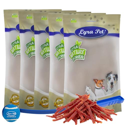 Lyra Pet® 5 kg Entenbrust Abschnitte Kausnack Hundefutter fettarm schonend getrocknet Leckerli Hund Ente Kauartikel Entenbrust Streifen Kauspaß + Ballschleuder von Lyra Pet