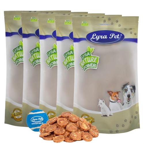 Lyra Pet® 5 kg Hühnerchips + Tennis Ball | Kausnack vom Huhn | Leckerli auch für Welpen und ältere Hunde | Gut verträglicher Belohnungs- / Trainingssnack | Kauartikel im wiederverschließbaren Beutel von Lyra Pet