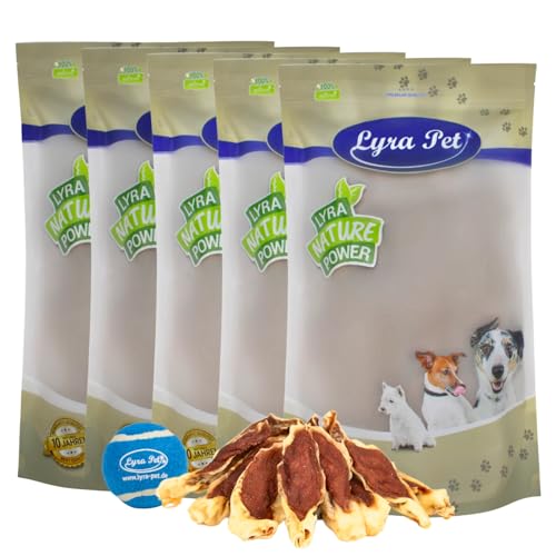 Lyra Pet® | 5 kg Kaninchenohren gefüllt mit Huhn + Tennis Ball | Getrockneter Kausnack | Wiederverschließbarer Beutel | Fettarmes & Gut Bekömmliches Hundefutter | Ideal als Belohnung für Hunde von Lyra Pet