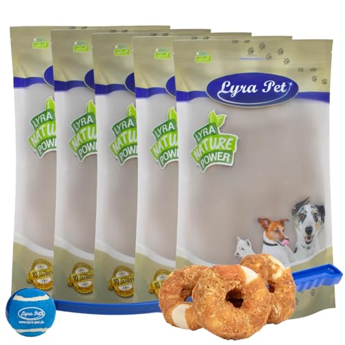 Lyra Pet® 5 kg Kauringe mit Hühnerbruststreifen Hundefutter Snack fettarm schonend getrocknet getrocknet Leckerli Kausnack Kauartikel für Hunde Kauspaß + Ballschleuder von Lyra Pet