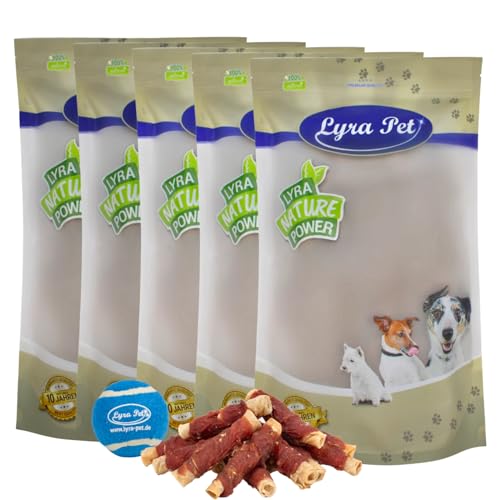 Lyra Pet® 5 kg Kaurollen mit Entenbrust Natur Hundefutter Snack fettarm schonend getrocknet getrocknet Leckerli Kausnack Kauartikel für Hunde Kauspaß + Tennis Ball von Lyra Pet