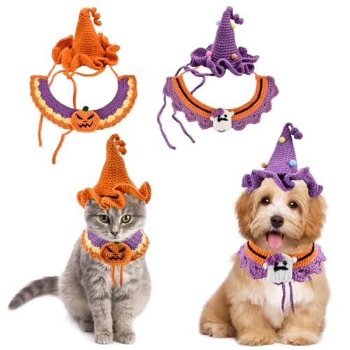 LyssKMK Halloween Katze Outfit Halloween Katze Kostüm Handgemachte Strick Katze Hexe Hut Kürbis Geist Muster Halsband Set Halloween Kostüm Geschenke für Katzen Welpen von LyssKMK