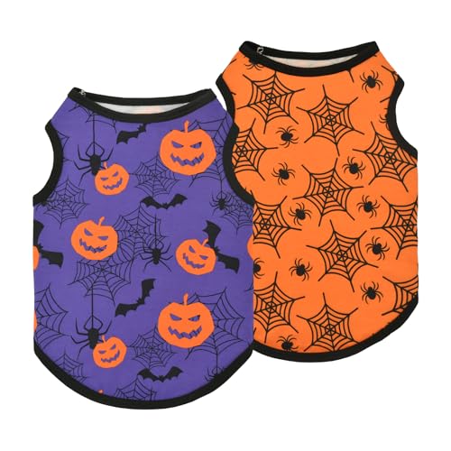 LyssKMK Halloween-Kleidung für Hunde, ärmellos, Halloween, Tank-Top, Outfits mit Spinnennetz, Kürbis-/Fledermaus-Muster, Halloween-Kostüm für kleine und mittelgroße Hunde, Größe L, 2 Stück von LyssKMK