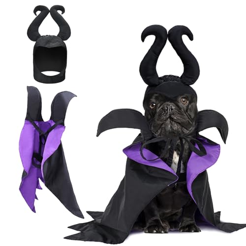 LyssKMK Halloween-Kostüm in Hexenform für Hunde, violett, Vampirumhang, Welpe, Zauberer, Teufelshörner, Hut, Haustier-Urlaubs-Outfit für kleine mittelgroße Hunde von LyssKMK