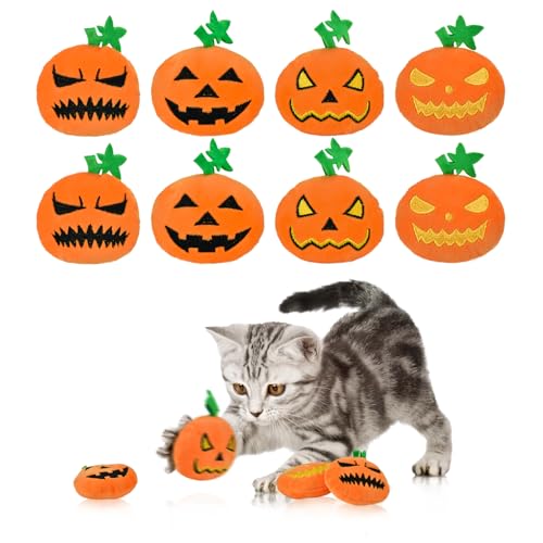 LyssKMK Halloween-Kürbis-Spielzeug für Katzen, Plüsch-Beißspielzeug mit Kürbis mit Reichweitenausdrücken, Stickerei-Designs, interaktives Plüschspielzeug für Kätzchen und Katzen (8 Stück) von LyssKMK