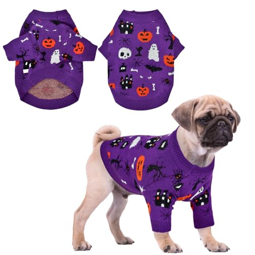 LyssKMK Halloween-Pullover für Hunde und Katzen, Halloween-Kostüm, Haustier, Halloween, Rollkragenpullover, Haustier-Kürbis-Pullover, Strickwaren, Kleidung, violetter Geisterpullover für Katze, Hund, von LyssKMK