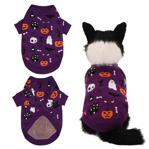LyssKMK Halloween-Pullover für Hunde und Katzen, Halloween-Kostüm, Haustier, Halloween, Rollkragenpullover, Haustier-Kürbis-Pullover, Strickwaren, Kleidung, violetter Geisterpullover für Katze, Hund, von LyssKMK