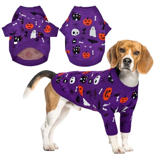 LyssKMK Halloween-Pullover für Hunde und Katzen, Halloween-Kostüm, Haustier, Rollkragenpullover, Kürbispullover, Strickwaren, Kleidung, violetter Geisterpullover für Katze, Hund, Größe XL von LyssKMK