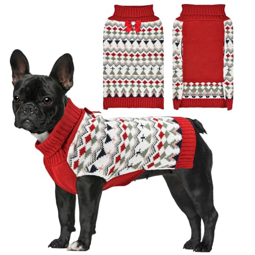 LyssKMK Hund Argyle Weihnachten Pullover Welpen Rollkragen Strickwaren mit roter Schleife Outfits Kaltes Wetter Warme Kleidung Pullover für kleine Hunde M von LyssKMK