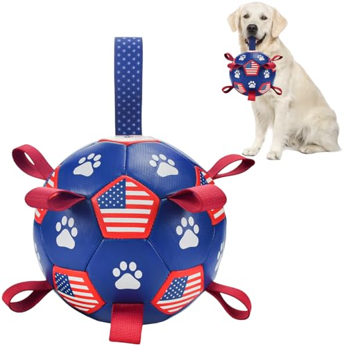 LyssKMK Hunde-Fußball mit Riemen, 4. Juli, Hundespielzeug, interaktives Ballspielzeug für Tauziehen, Unabhängigkeitstag, Hundespielzeug mit amerikanischem Flaggenmuster für Mdeium, große Hunde, Größe von LyssKMK