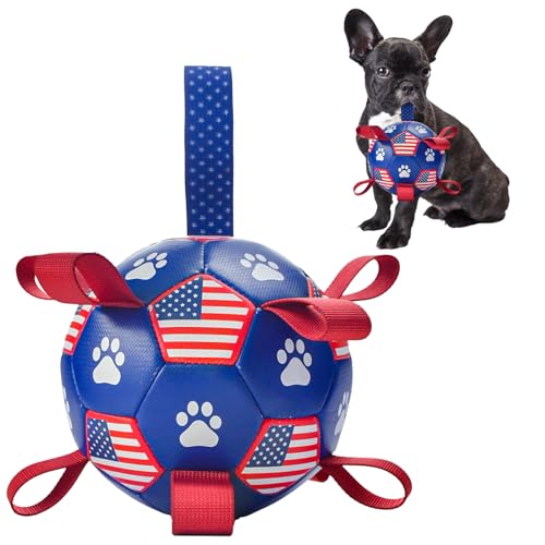 LyssKMK Hunde-Fußball mit Riemen, 4. Juli, Hundespielzeug, interaktives Ballspielzeug für Tauziehen, Unabhängigkeitstag, Hundespielzeug mit amerikanischem Flaggenmuster für Mdeium, große Hunde, Größe von LyssKMK