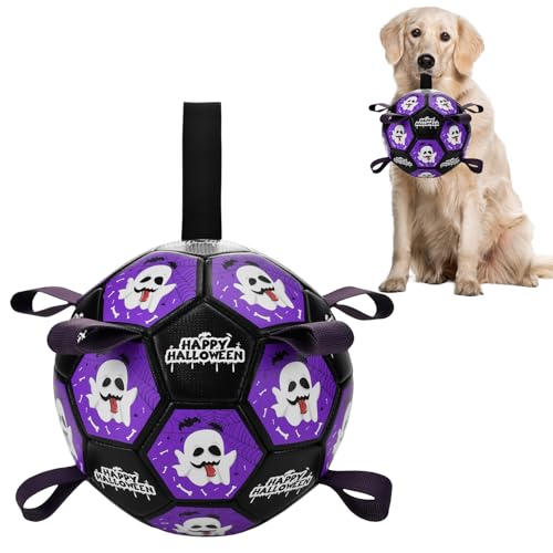 LyssKMK Hunde-Fußballspielzeug mit Riemen, interaktives Halloween-Hundespielzeug zum Tauziehen, Halloween, Hundespielzeug mit Geistermuster für mittelgroße und große Hunde (Nummer 3) von LyssKMK