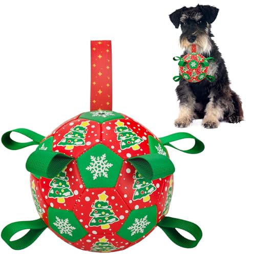 LyssKMK Hunde-Fußballspielzeug mit Riemen, interaktives Hundespielzeug zum Tauziehen, Hundespielzeug mit Weihnachtsbaum, Schneeblumenmuster für mittelgroße und große Hunde (Nummer 2) von LyssKMK