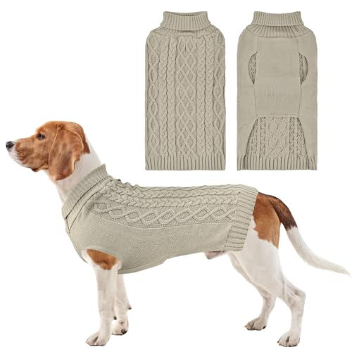 LyssKMK Hunde-Rollkragenpullover, Khaki, Größe XL, Acryl, Zopfmuster, warm, bequem, Loch für die Leine, Uni, für kleine Rassen, Winter von LyssKMK