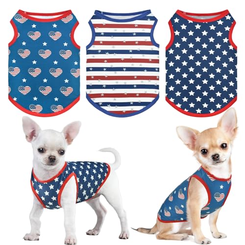 LyssKMK Patriotisches Hunde-Tanktop 4. Juli, ärmelloses Hemd, USA, Unabhängigkeitstag, Outfits, Sterne, Herzen und Streifenmuster, Hundekostüm für kleine, mittelgroße Hunde, 3-teilig, Größe L von LyssKMK