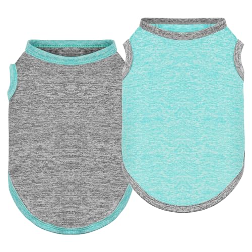 LyssKMK Sommer-Tanktop für Hunde, schnell trocknend, ärmellos, dehnbare Baumwolle, Hunde-Shirt, Outfits für kleine, mittelgroße und große Hunde, Cyan + Gery, Größe L, 2 Stück von LyssKMK