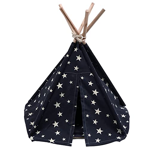 M I A Pet Tipi Haus Faltbares Haustierzelt Holz Katzenbett mit Kissen Kätzchen Katze Indoor Outdoor Tragbares Zelt Spielzeug Welpe Hund Spielzelt Hausbett ? Schwarz (Farbe: Marineblau) von M I A