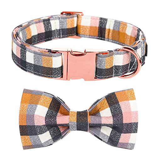 MACA Bates Hundehalsband mit Fliege & Blumenkrawatte, Hundehalstuch für Kleine Mittlere Große Hunde Sommer Hundehalsband mit Verstellbarer Metallschnalle (L, Grau Pink Graid) von M MACA BATES