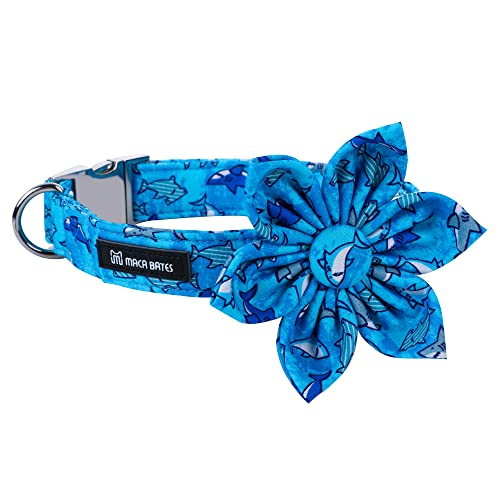 Maca Bates Flower Shark Hundehalsband mit Blumen für Hunde, blau, verstellbar, niedliches Halsband, Zubehör, Geschenk für kleine, mittelgroße und große Welpen, mit goldener Metallschnalle von M MACA BATES