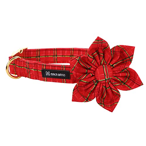 MACA Bates Weihnachts-Hundehalsband mit Fliege und Blumenband, Hundehalstuch für kleine, Elch-Weihnachtsbaum-Winter-Hundehalsband mit verstellbarer Metallschnalle (L, rote Gitterblume) von M MACA BATES